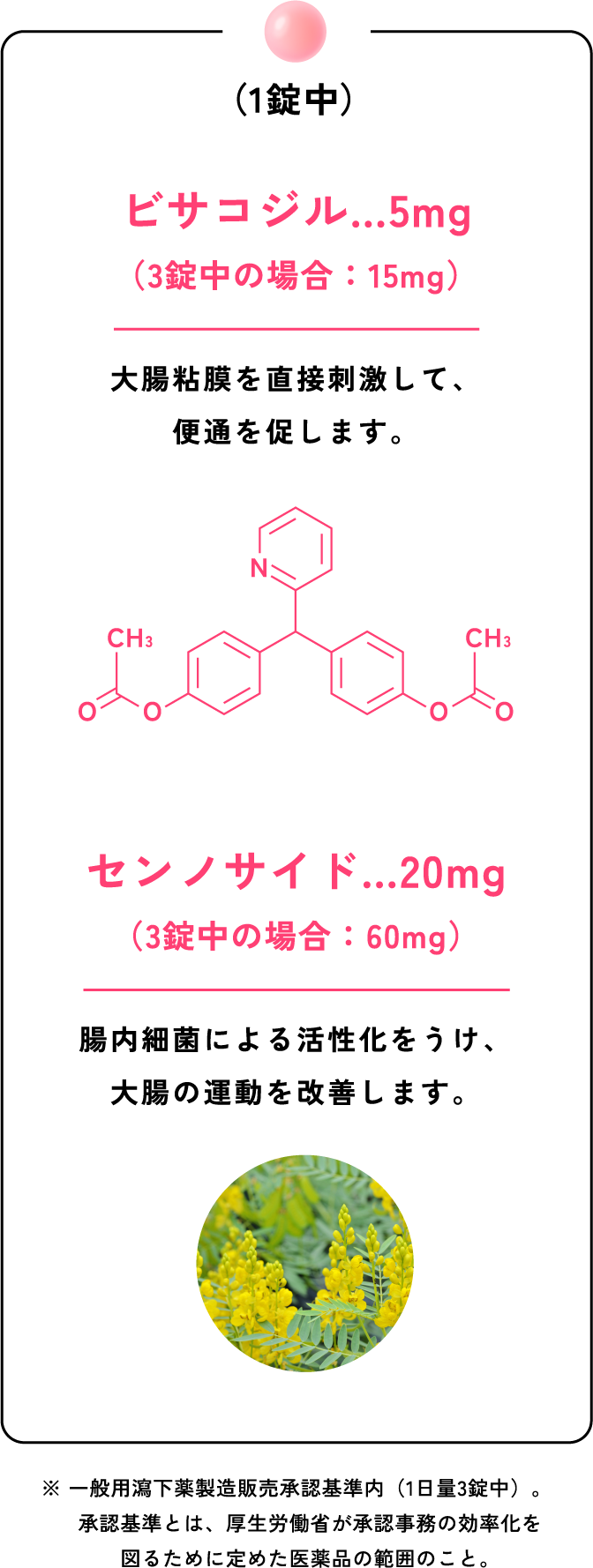 ※ 一般用瀉下薬製造販売承認基準内（1日量3錠中）。承認基準とは、厚生労働省が承認事務の効率化を図るために定めた医薬品の範囲のこと。