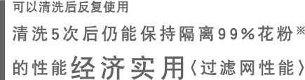 清洗5次后仍能保持隔离99%花粉※的性能经济实用〈过滤网性能〉