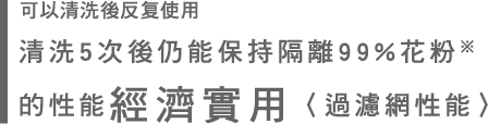 B清洗5次後仍能保持隔離99%花粉※