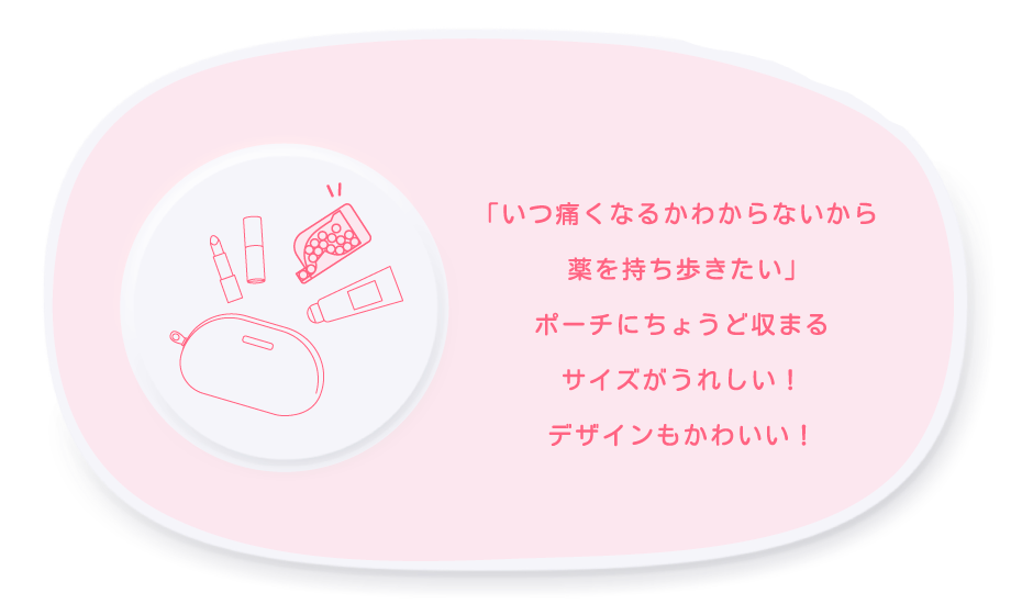 「いつ痛くなるかわからないから薬を持ち歩きたい」だからポーチに収まるこのサイズはうれしい！デザインもかわいい！